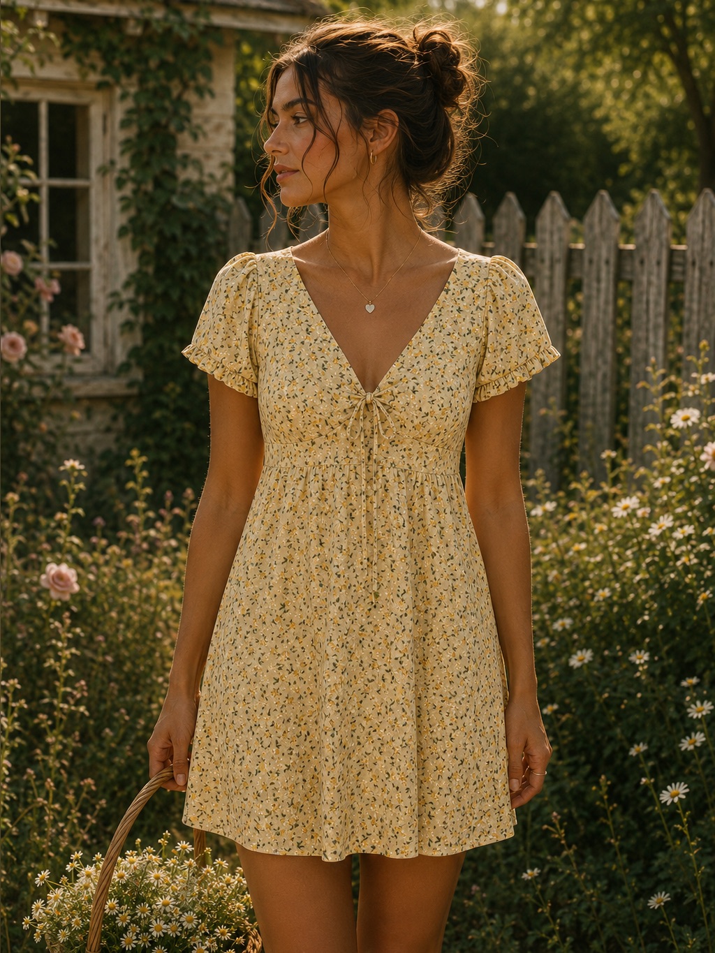 Windsor Xs Buttercream Yellow Floral Mini Dress Puff Sleeve Cottagecore
